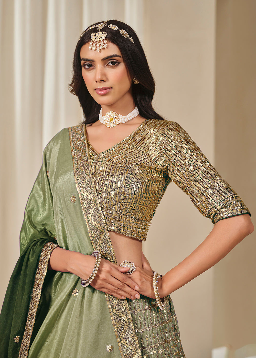 Buy Now Premium Green Chinnon Silk Wedding Festive Lehenga Choli Online in US, UK, Canada, France, Italy, Germany, Australia, UAE, Spain & Worldwide at Empress.