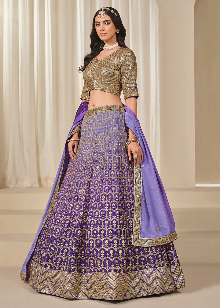 Buy Now Premium Purple Chinnon Silk Wedding Festive Lehenga Choli Online in US, UK, Canada, France, Italy, Germany, Australia, UAE, Spain & Worldwide at Empress