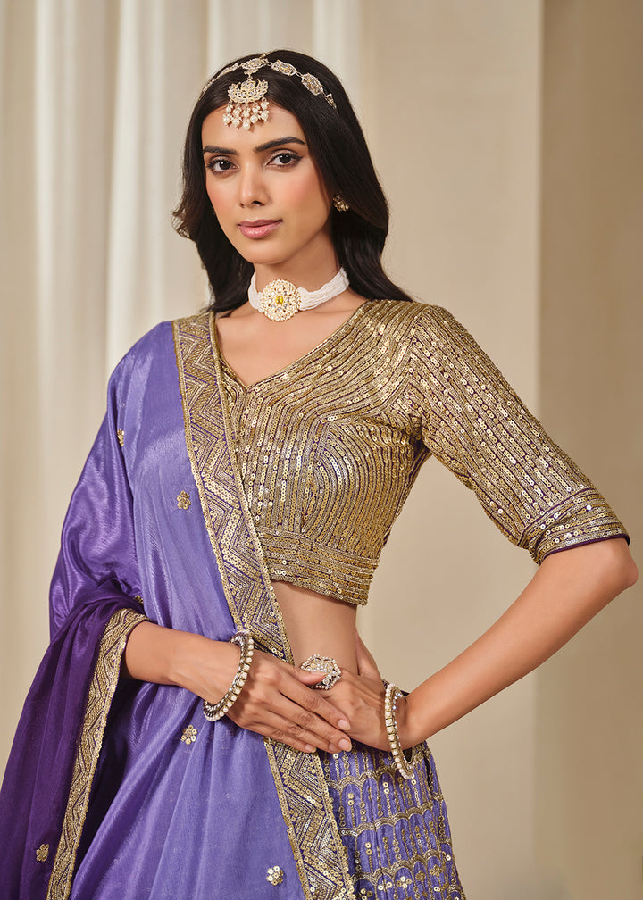 Buy Now Premium Purple Chinnon Silk Wedding Festive Lehenga Choli Online in US, UK, Canada, France, Italy, Germany, Australia, UAE, Spain & Worldwide at Empress