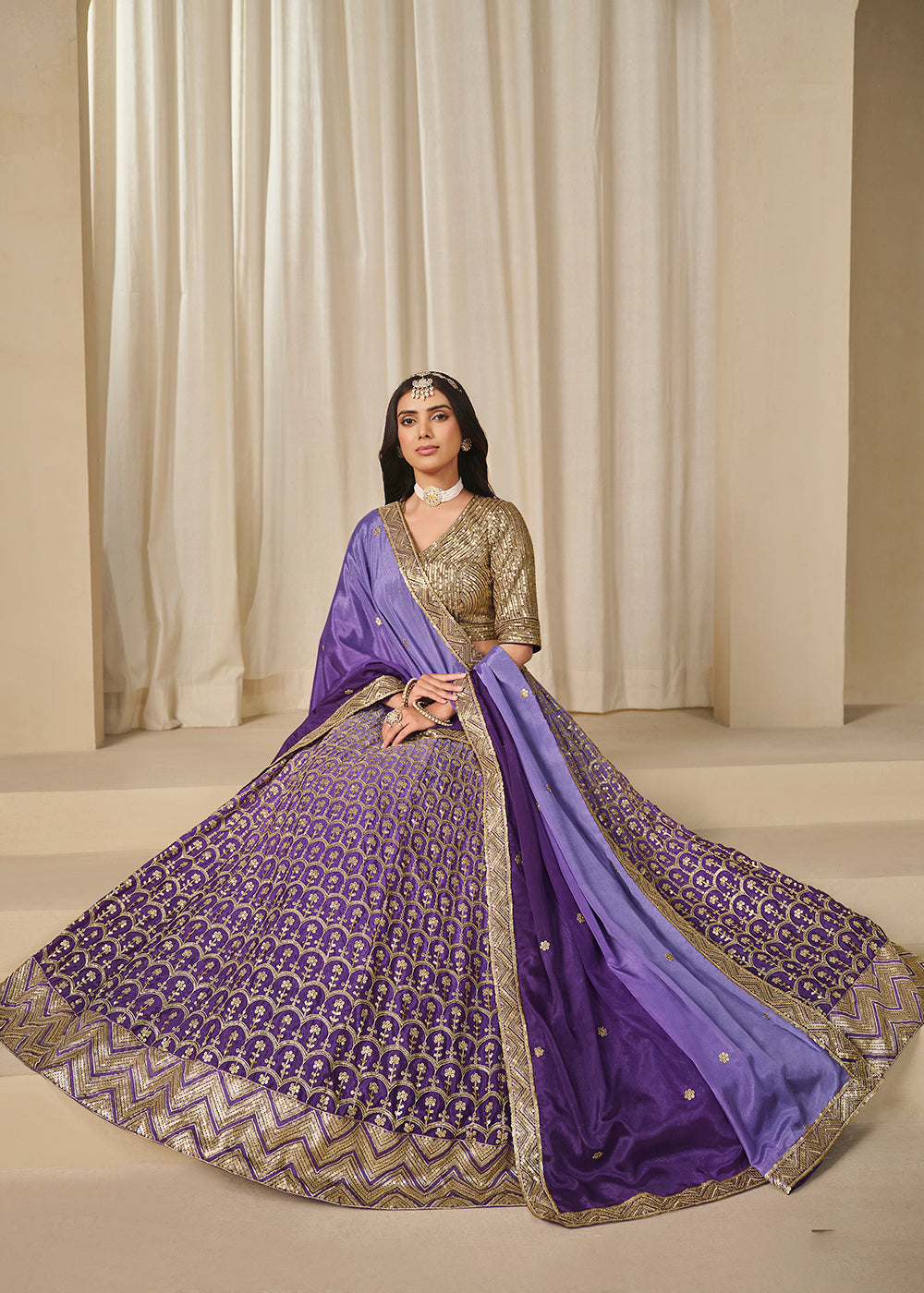 Buy Now Premium Purple Chinnon Silk Wedding Festive Lehenga Choli Online in US, UK, Canada, France, Italy, Germany, Australia, UAE, Spain & Worldwide at Empress