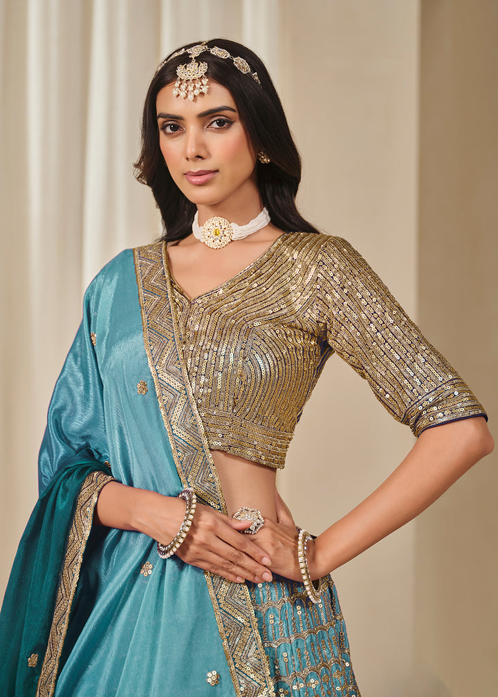 Buy Now Premium Teal Chinnon Silk Wedding Festive Lehenga Choli Online in US, UK, Canada, France, Italy, Germany, Australia, UAE, Spain & Worldwide at Empress.