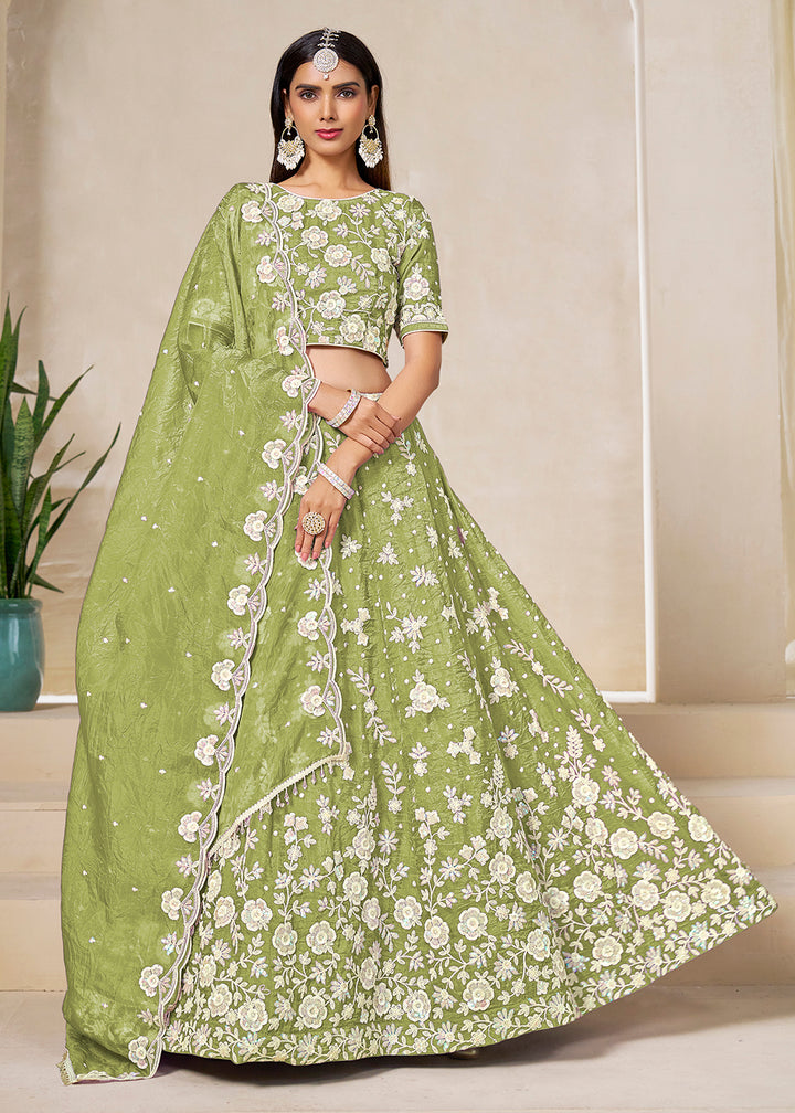 Buy Now Green Crush Fill Organza Festive Style Lehenga Choli Online in US, UK, Canada, France, Italy, Germany, Australia, UAE, Spain & Worldwide at Empress.