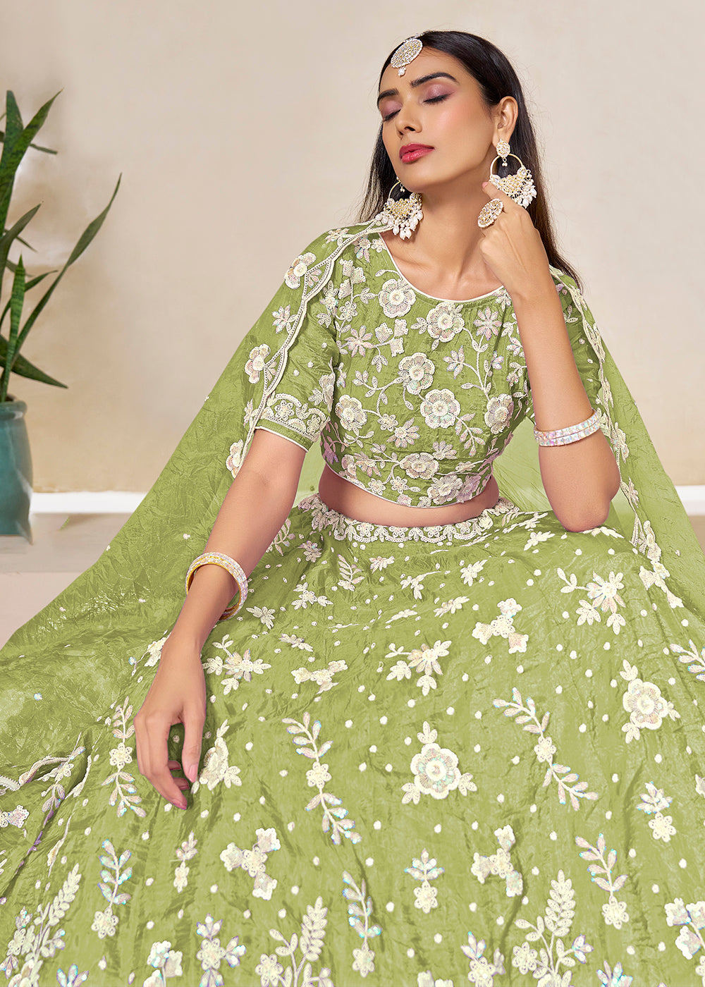 Buy Now Green Crush Fill Organza Festive Style Lehenga Choli Online in US, UK, Canada, France, Italy, Germany, Australia, UAE, Spain & Worldwide at Empress.