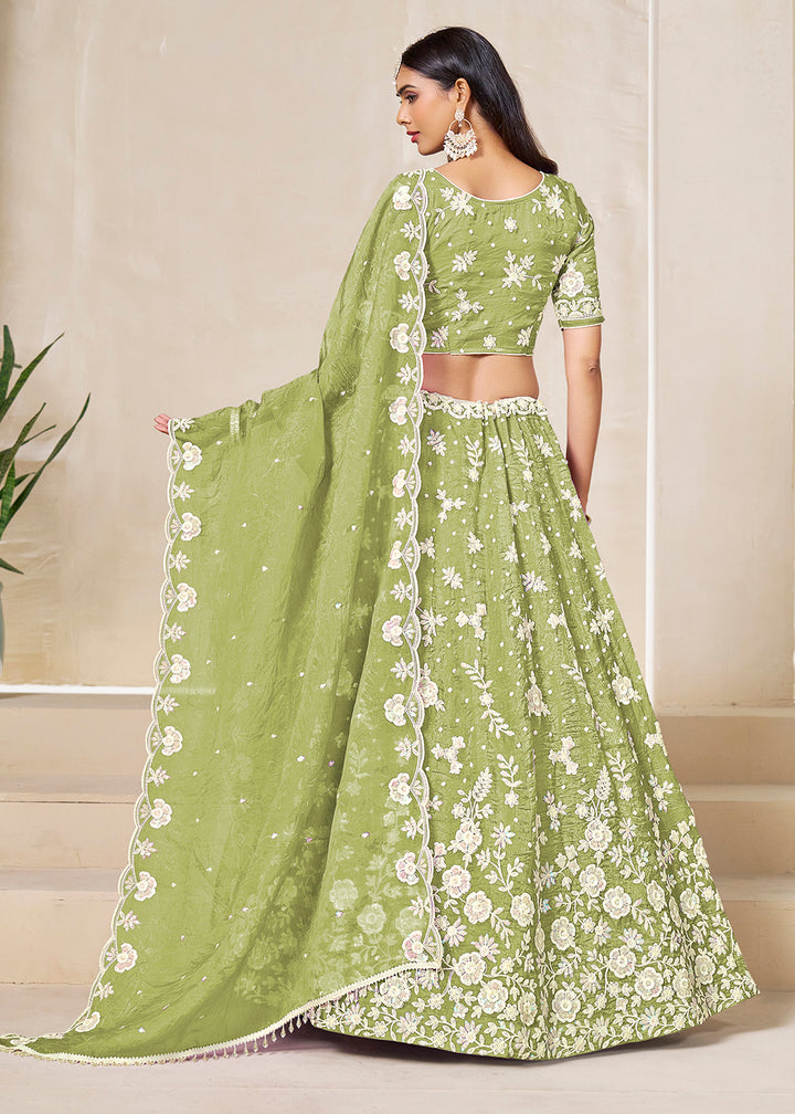 Buy Now Green Crush Fill Organza Festive Style Lehenga Choli Online in US, UK, Canada, France, Italy, Germany, Australia, UAE, Spain & Worldwide at Empress.