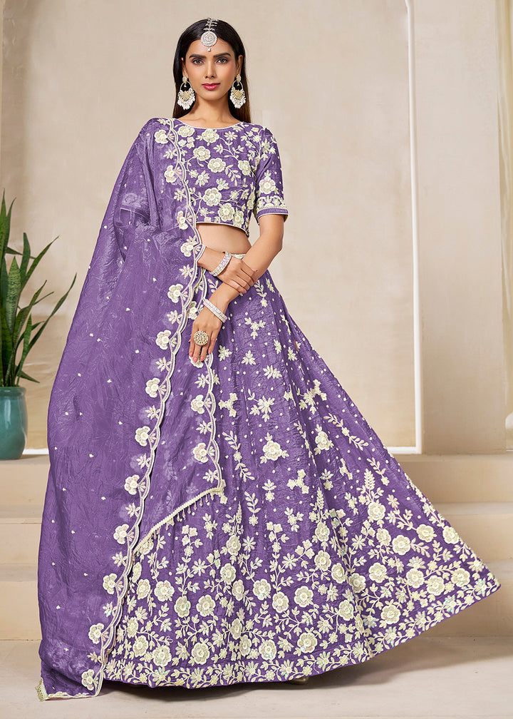 Buy Now Purple Crush Fill Organza Festive Style Lehenga Choli Online in US, UK, Canada, France, Italy, Germany, Australia, UAE, Spain & Worldwide at Empress.