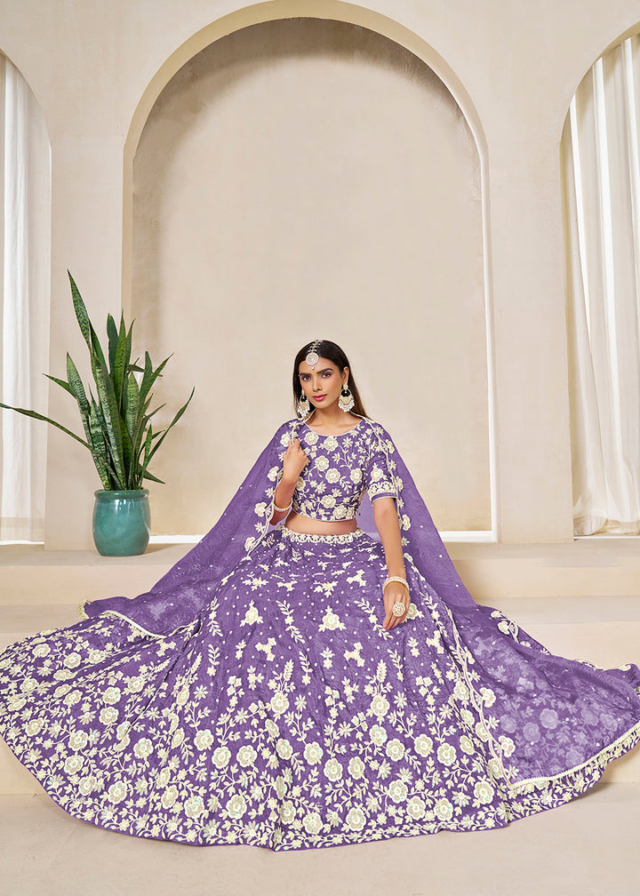 Buy Now Purple Crush Fill Organza Festive Style Lehenga Choli Online in US, UK, Canada, France, Italy, Germany, Australia, UAE, Spain & Worldwide at Empress.