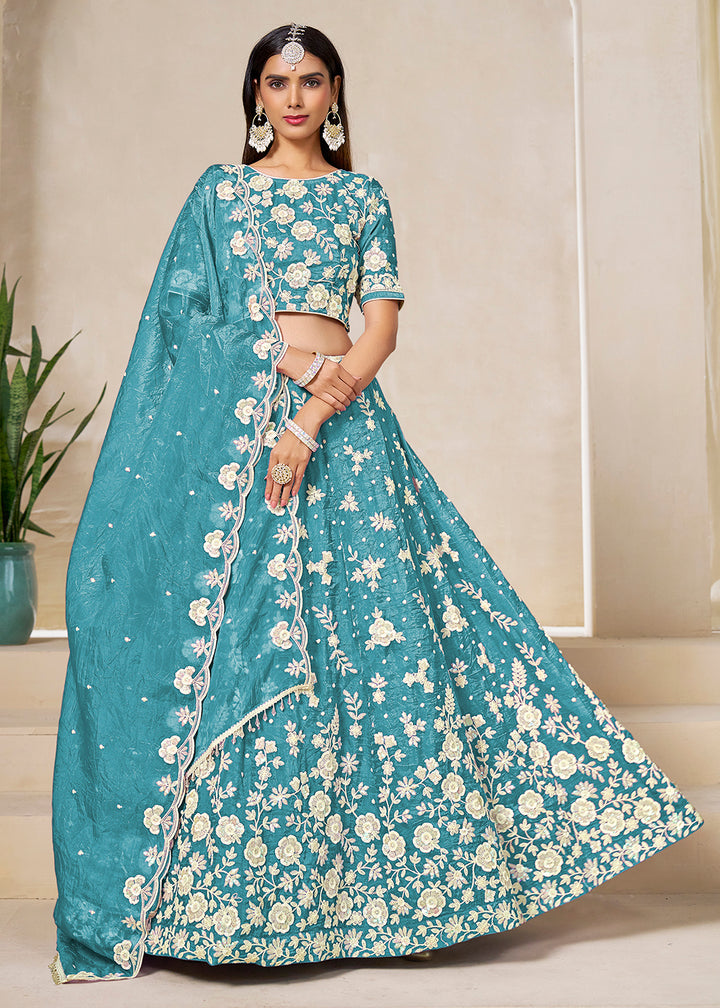 Buy Now Blue Crush Fill Organza Festive Style Lehenga Choli Online in US, UK, Canada, France, Italy, Germany, Australia, UAE, Spain & Worldwide at Empress.