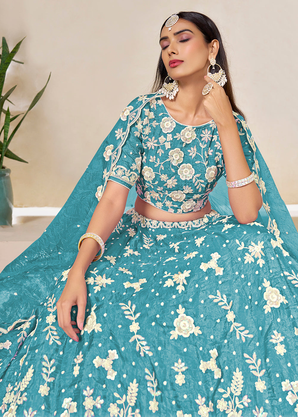 Buy Now Blue Crush Fill Organza Festive Style Lehenga Choli Online in US, UK, Canada, France, Italy, Germany, Australia, UAE, Spain & Worldwide at Empress.