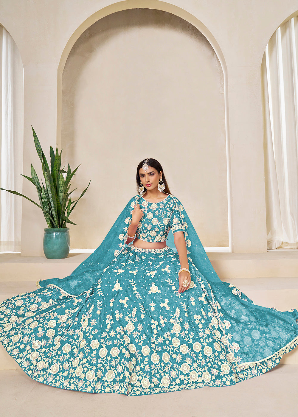 Buy Now Blue Crush Fill Organza Festive Style Lehenga Choli Online in US, UK, Canada, France, Italy, Germany, Australia, UAE, Spain & Worldwide at Empress.