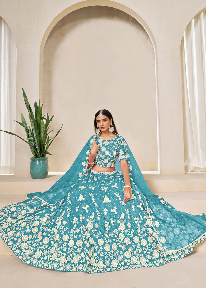 Buy Now Blue Crush Fill Organza Festive Style Lehenga Choli Online in US, UK, Canada, France, Italy, Germany, Australia, UAE, Spain & Worldwide at Empress.