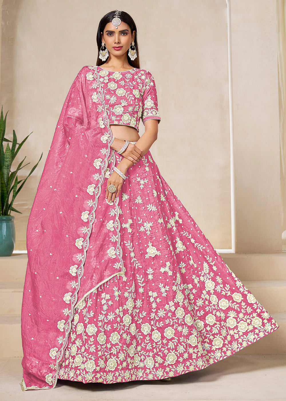 Buy Now Pink Crush Fill Organza Festive Style Lehenga Choli Online in US, UK, Canada, France, Italy, Germany, Australia, UAE, Spain & Worldwide at Empress.