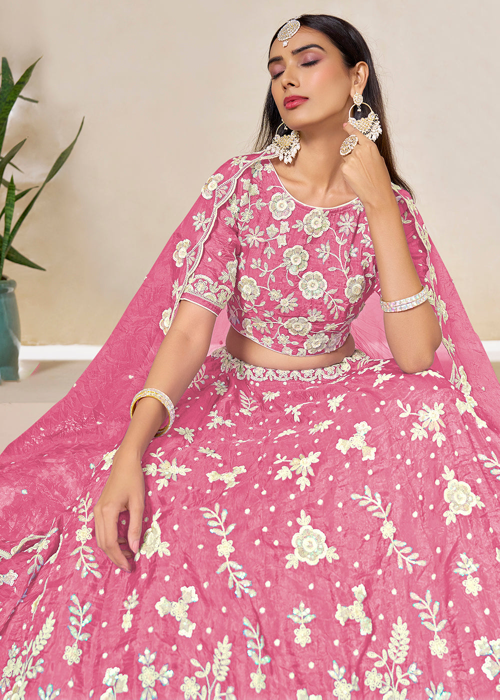 Buy Now Pink Crush Fill Organza Festive Style Lehenga Choli Online in US, UK, Canada, France, Italy, Germany, Australia, UAE, Spain & Worldwide at Empress.