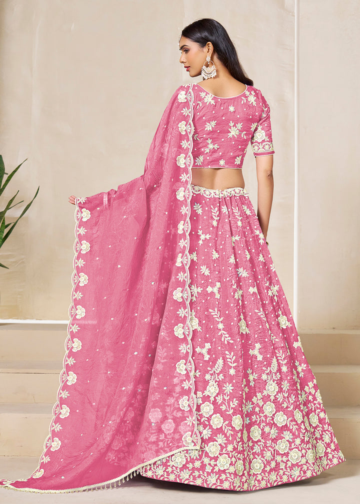 Buy Now Pink Crush Fill Organza Festive Style Lehenga Choli Online in US, UK, Canada, France, Italy, Germany, Australia, UAE, Spain & Worldwide at Empress.