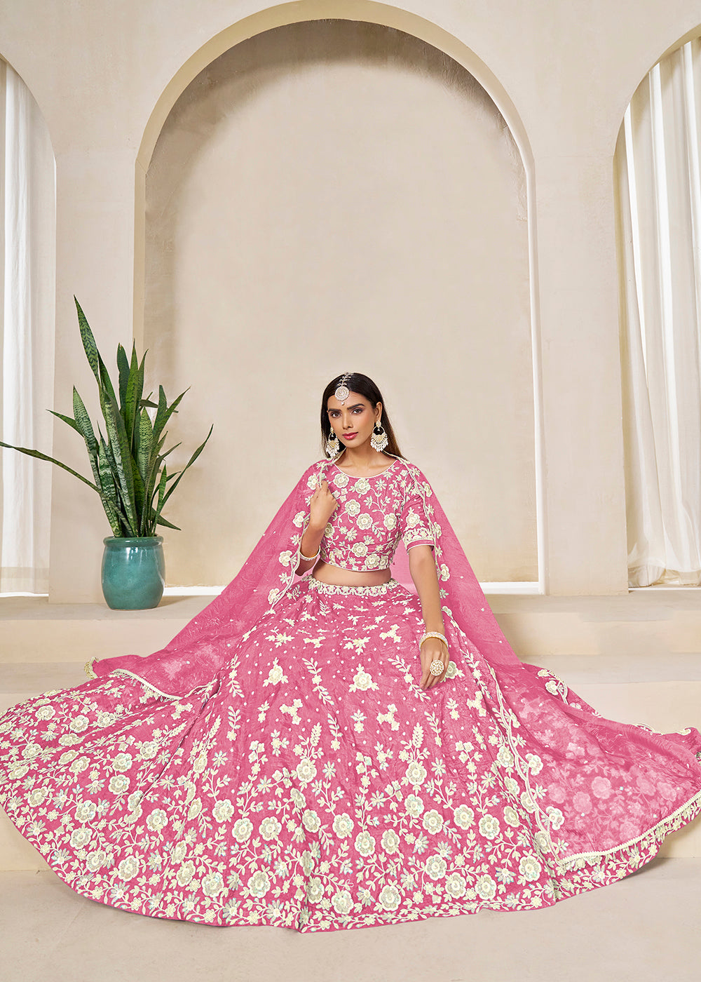 Buy Now Pink Crush Fill Organza Festive Style Lehenga Choli Online in US, UK, Canada, France, Italy, Germany, Australia, UAE, Spain & Worldwide at Empress.