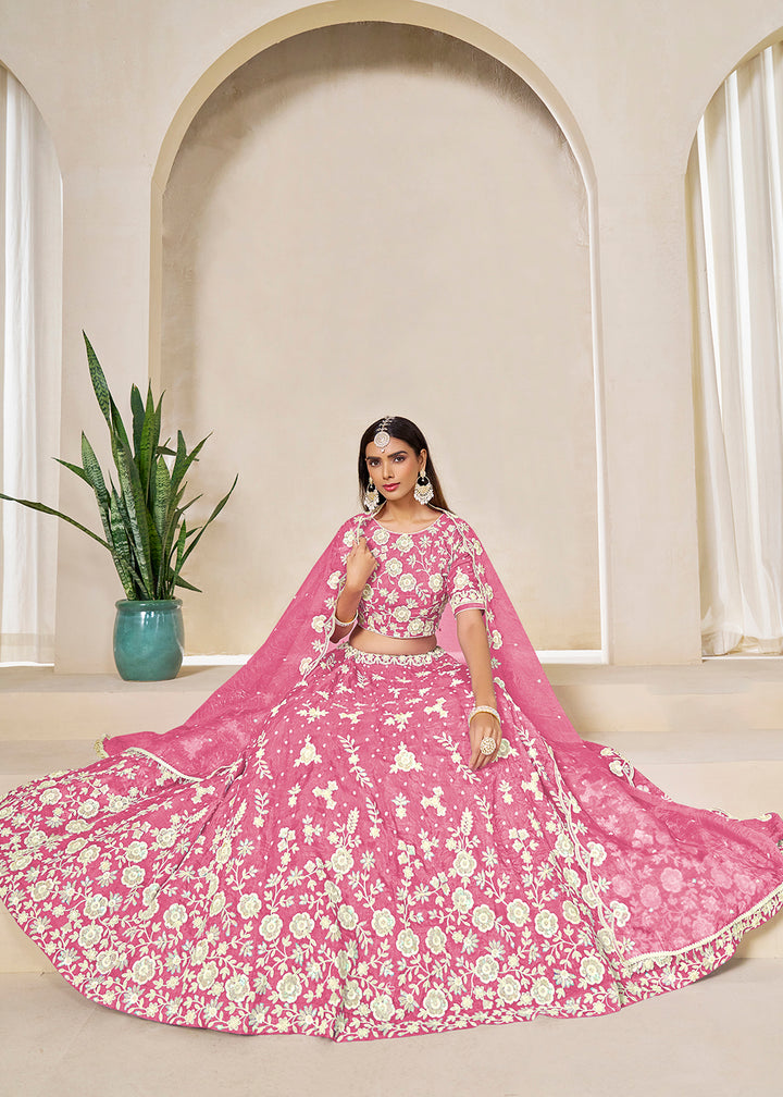 Buy Now Pink Crush Fill Organza Festive Style Lehenga Choli Online in US, UK, Canada, France, Italy, Germany, Australia, UAE, Spain & Worldwide at Empress.
