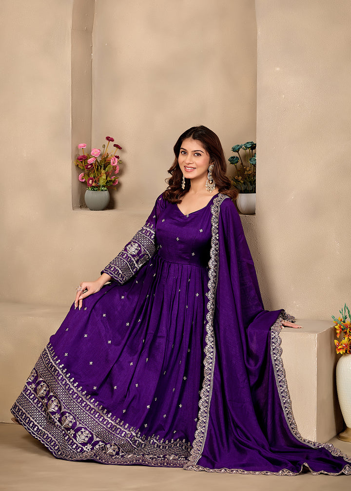 Buy Now Art Silk Purple Pretty Embroidered Work Festive Anarkali Gown Online in US, UK, Canada, France, Italy, Sweden, Ireland, Denmark &amp; Worldwide at Empress.