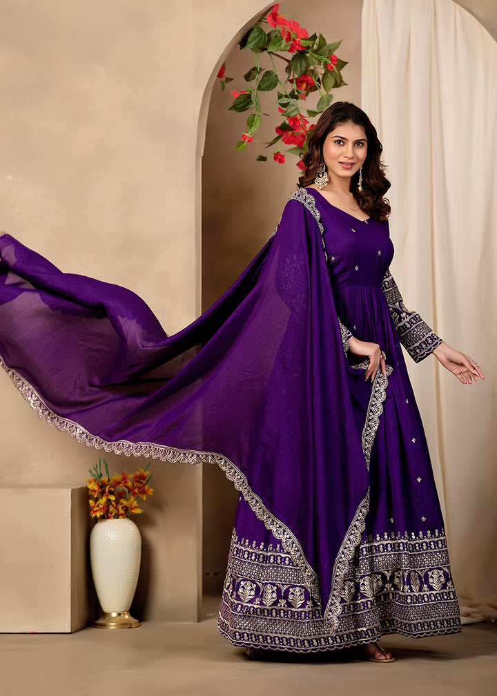 Buy Now Art Silk Purple Pretty Embroidered Work Festive Anarkali Gown Online in US, UK, Canada, France, Italy, Sweden, Ireland, Denmark &amp; Worldwide at Empress.