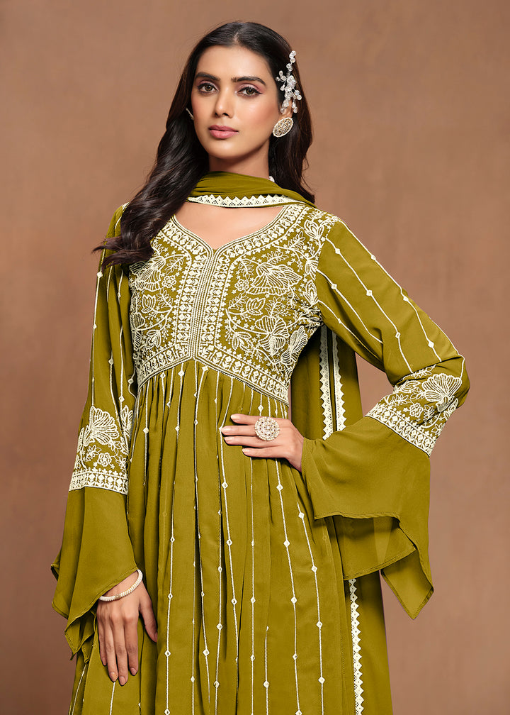 Buy Now Georgette Olive Green Embroidered Festive Palazzo Suit Online in USA, UK, Canada, Germany & Worldwide at Empress Clothing