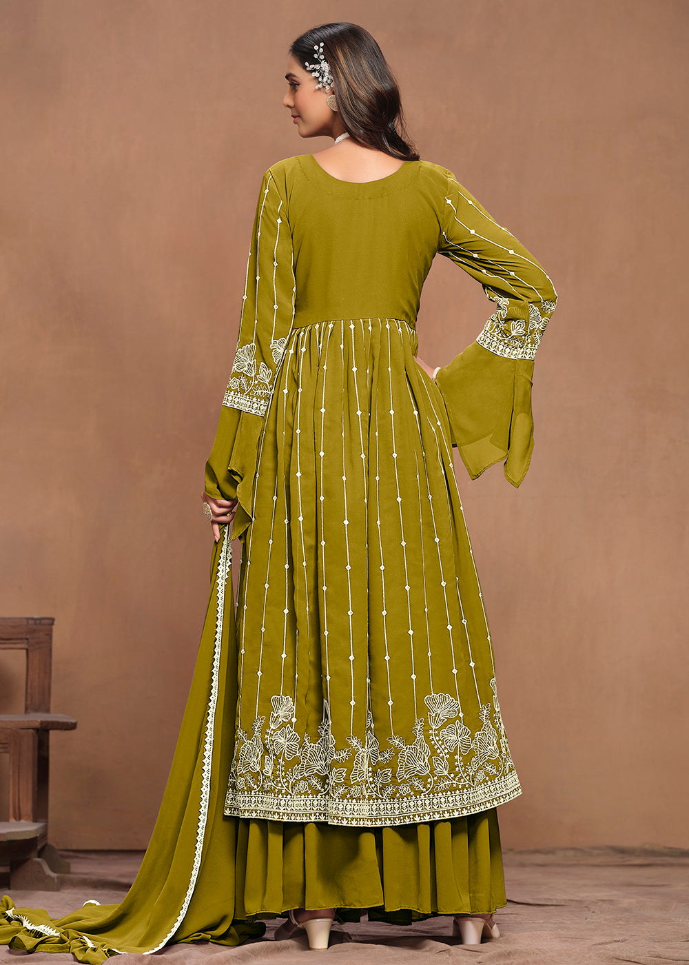 Buy Now Georgette Olive Green Embroidered Festive Palazzo Suit Online in USA, UK, Canada, Germany & Worldwide at Empress Clothing