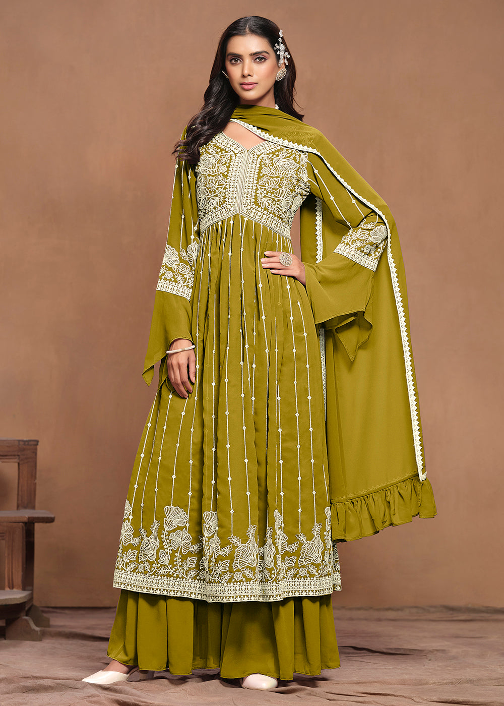 Buy Now Georgette Olive Green Embroidered Festive Palazzo Suit Online in USA, UK, Canada, Germany & Worldwide at Empress Clothing