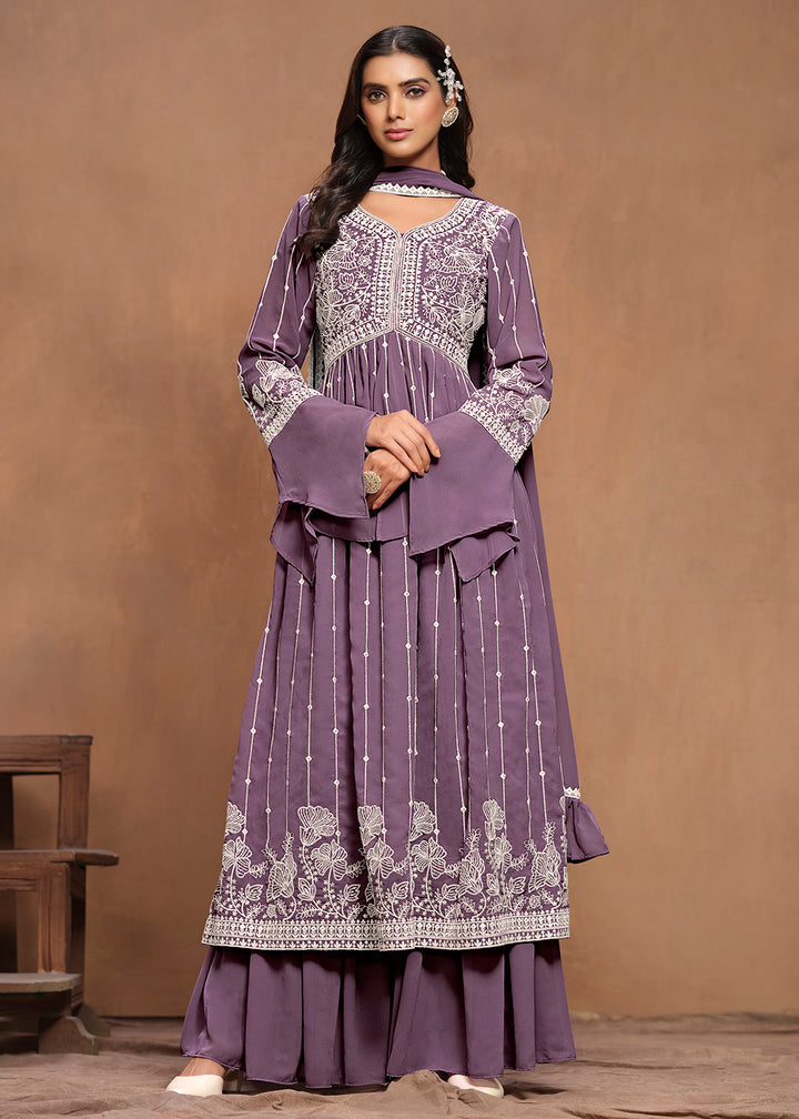 Buy Now Georgette Mauve Purple Embroidered Festive Palazzo Suit Online in USA, UK, Canada, Germany & Worldwide at Empress Clothing.