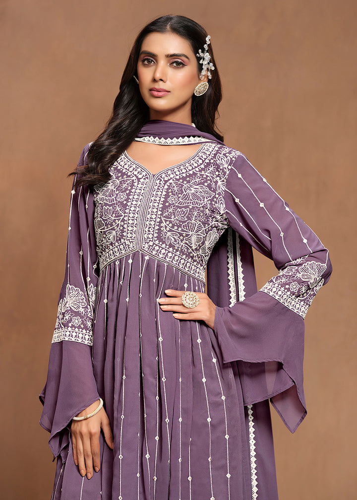 Buy Now Georgette Mauve Purple Embroidered Festive Palazzo Suit Online in USA, UK, Canada, Germany & Worldwide at Empress Clothing.