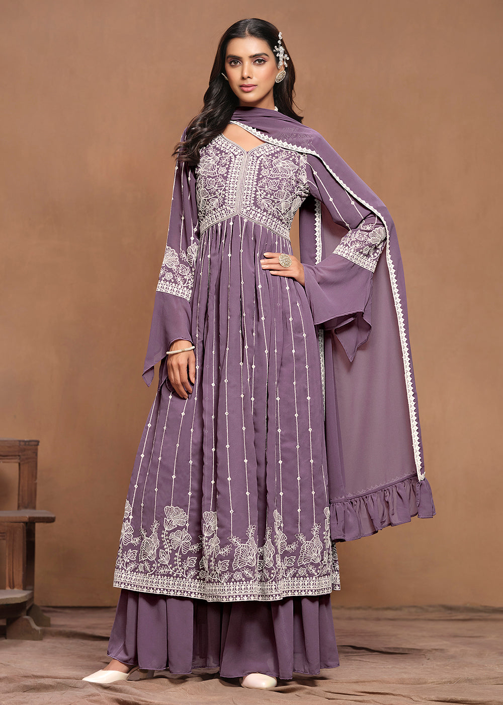 Buy Now Georgette Mauve Purple Embroidered Festive Palazzo Suit Online in USA, UK, Canada, Germany & Worldwide at Empress Clothing.