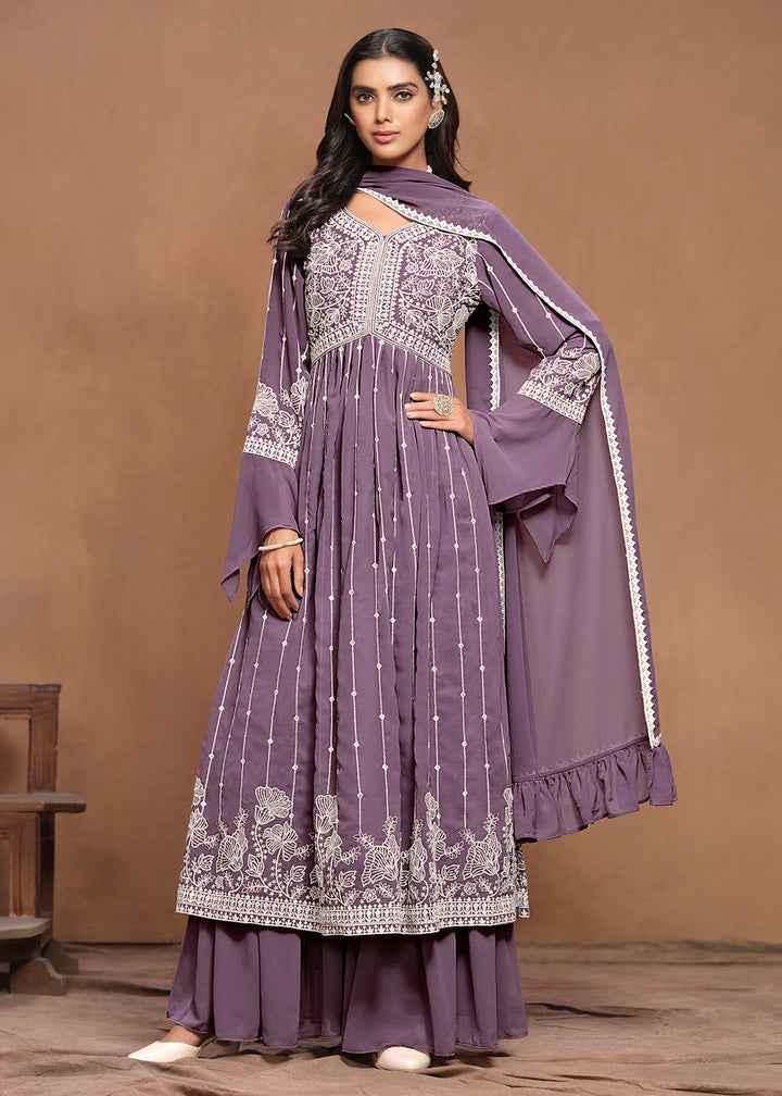 Buy Now Georgette Mauve Purple Embroidered Festive Palazzo Suit Online in USA, UK, Canada, Germany & Worldwide at Empress Clothing.