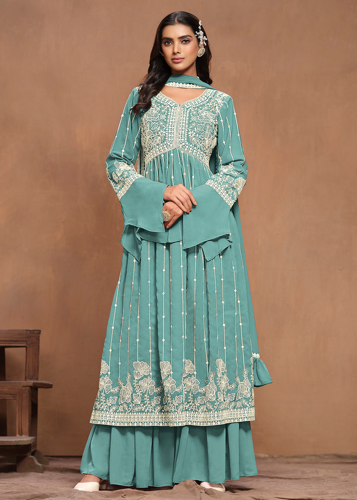 Buy Now Georgette Mint Teal Embroidered Festive Palazzo Suit Online in USA, UK, Canada, Germany & Worldwide at Empress Clothing. 