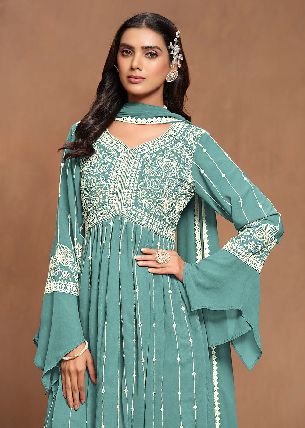 Buy Now Georgette Mint Teal Embroidered Festive Palazzo Suit Online in USA, UK, Canada, Germany & Worldwide at Empress Clothing. 