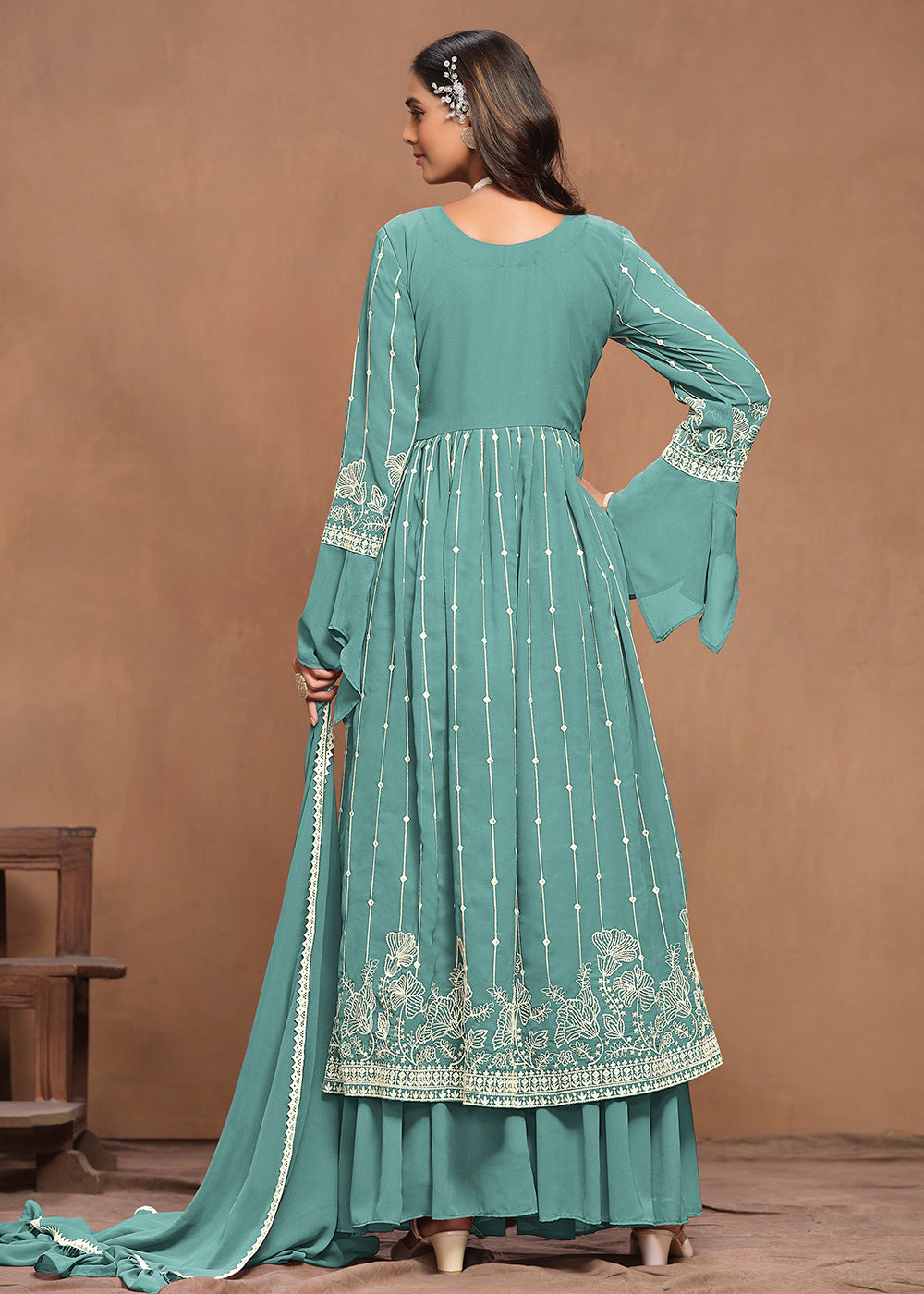 Buy Now Georgette Mint Teal Embroidered Festive Palazzo Suit Online in USA, UK, Canada, Germany & Worldwide at Empress Clothing. 