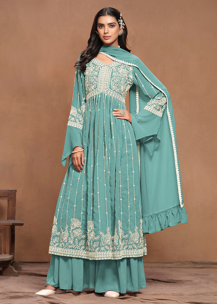 Buy Now Georgette Mint Teal Embroidered Festive Palazzo Suit Online in USA, UK, Canada, Germany & Worldwide at Empress Clothing. 