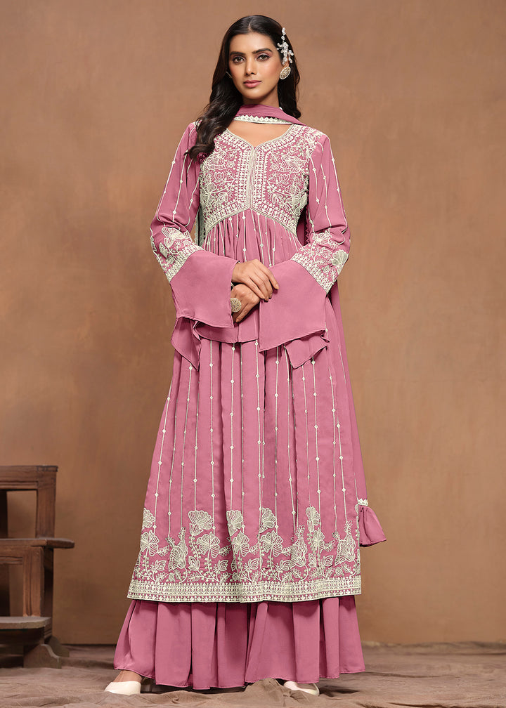 Buy Now Georgette Puce Pink Embroidered Festive Palazzo Suit Online in USA, UK, Canada, Germany & Worldwide at Empress Clothing.