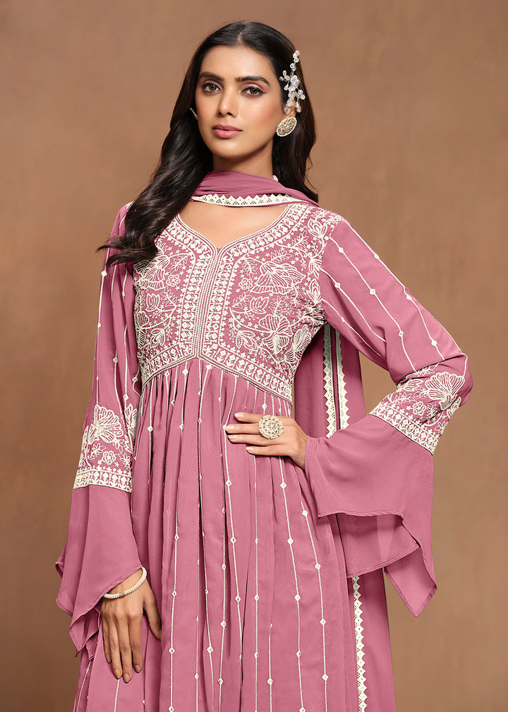 Buy Now Georgette Puce Pink Embroidered Festive Palazzo Suit Online in USA, UK, Canada, Germany & Worldwide at Empress Clothing.