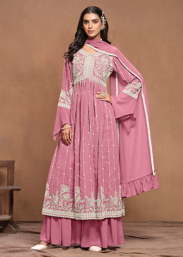 Buy Now Georgette Puce Pink Embroidered Festive Palazzo Suit Online in USA, UK, Canada, Germany & Worldwide at Empress Clothing.