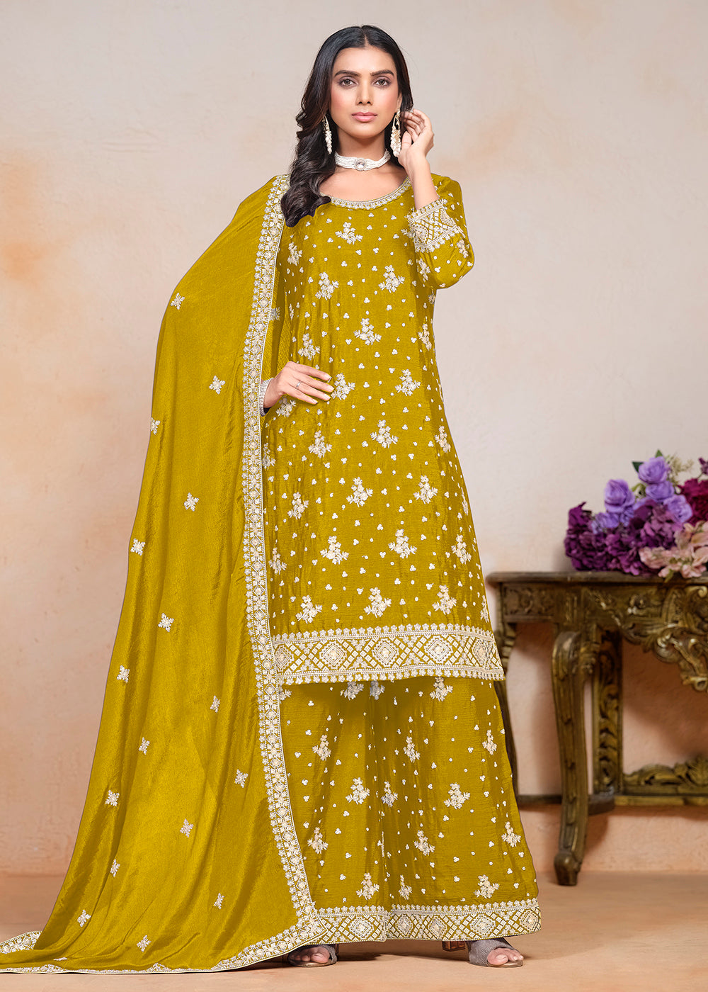 Buy Now Mustard Sequins Embroidered Chinnon Festive Palazzo Suit Online in USA, UK, Canada, Germany & Worldwide at Empress Clothing.