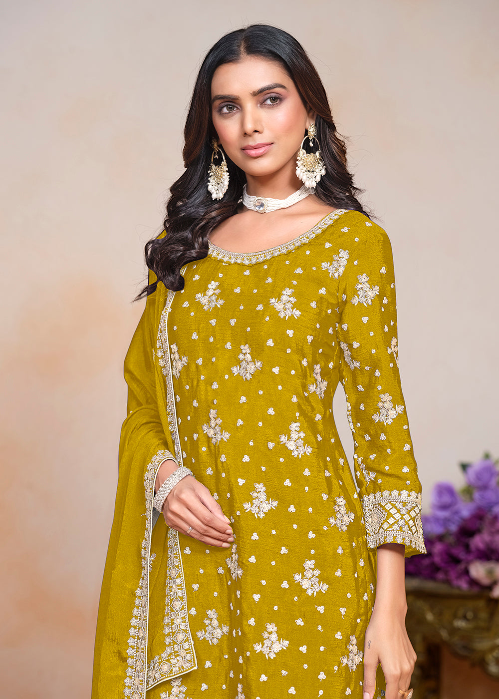 Buy Now Mustard Sequins Embroidered Chinnon Festive Palazzo Suit Online in USA, UK, Canada, Germany & Worldwide at Empress Clothing.