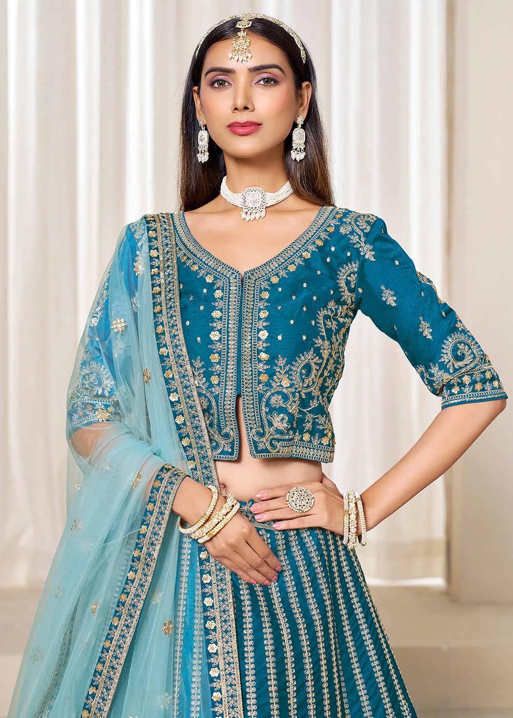 Buy Now Rama Blue Embroidered Art Silk Wedding Lehenga Choli Online in USA, UK, Canada, France, Italy, Germany, Austria, Qatar, UAE & Worldwide at Empress.