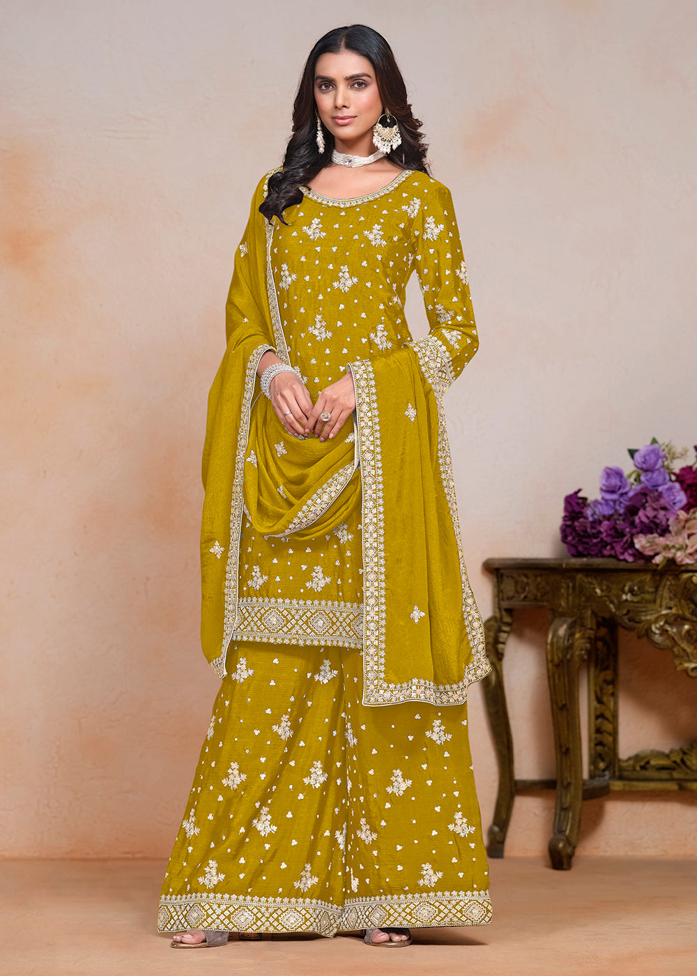 Buy Now Mustard Sequins Embroidered Chinnon Festive Palazzo Suit Online in USA, UK, Canada, Germany & Worldwide at Empress Clothing.