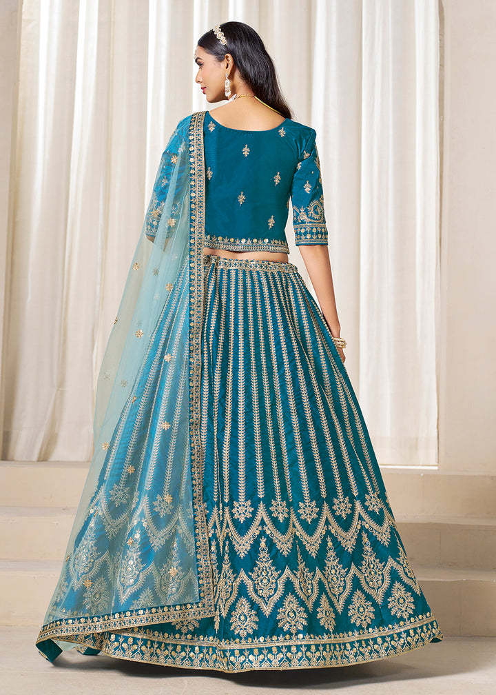 Buy Now Rama Blue Embroidered Art Silk Wedding Lehenga Choli Online in USA, UK, Canada, France, Italy, Germany, Austria, Qatar, UAE & Worldwide at Empress.
