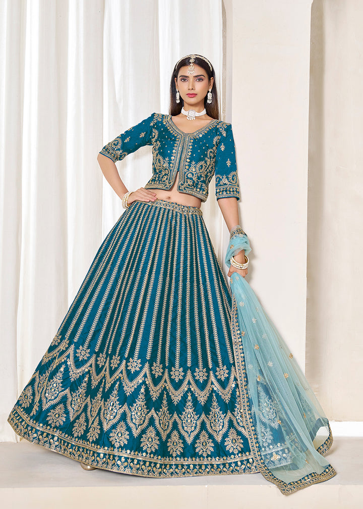 Buy Now Rama Blue Embroidered Art Silk Wedding Lehenga Choli Online in USA, UK, Canada, France, Italy, Germany, Austria, Qatar, UAE & Worldwide at Empress.