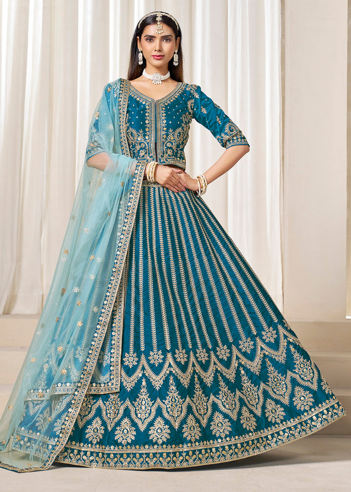 Buy Now Rama Blue Embroidered Art Silk Wedding Lehenga Choli Online in USA, UK, Canada, France, Italy, Germany, Austria, Qatar, UAE & Worldwide at Empress.