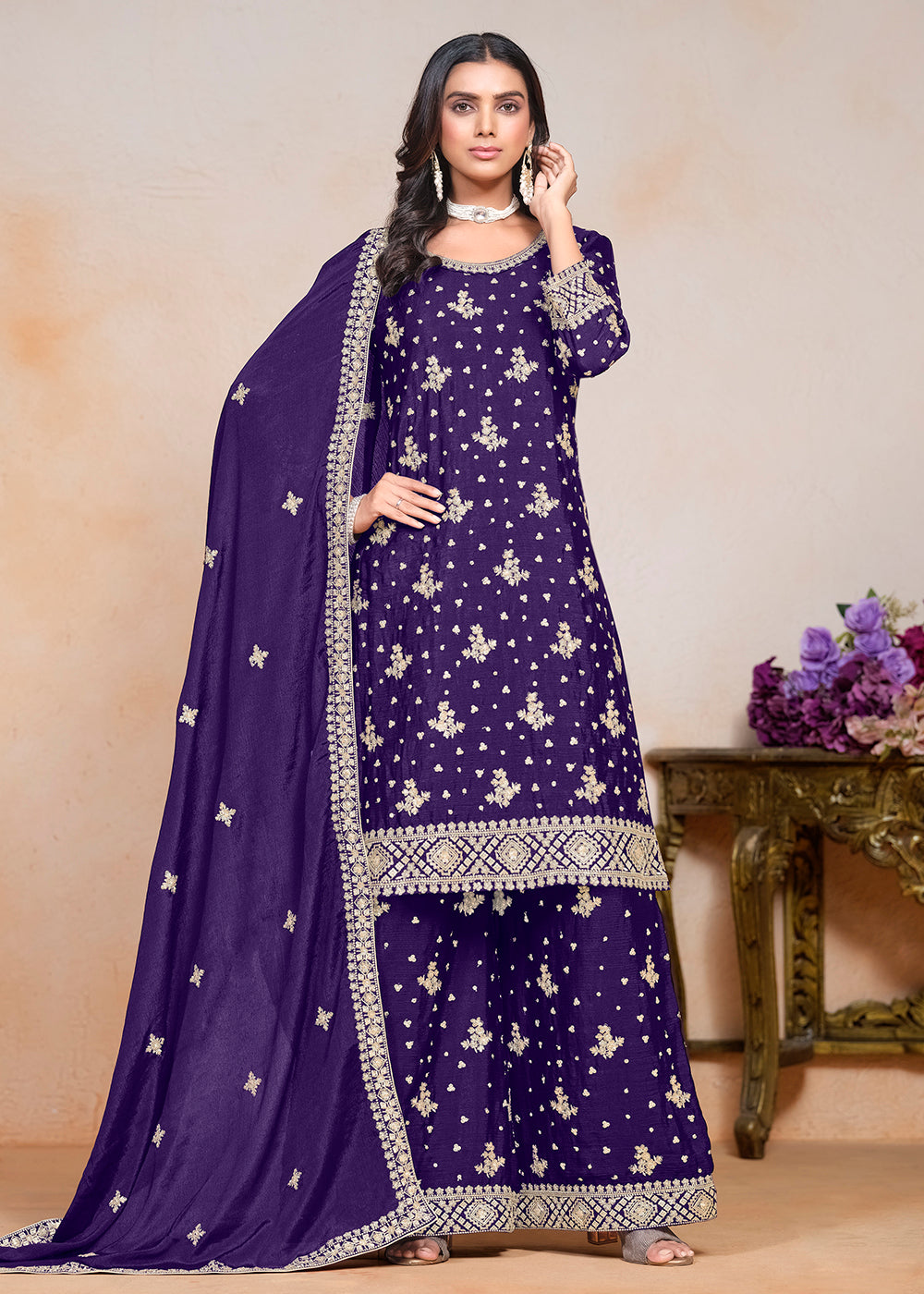 Buy Now Violet Sequins Embroidered Chinnon Festive Palazzo Suit Online in USA, UK, Canada, Germany & Worldwide at Empress Clothing.