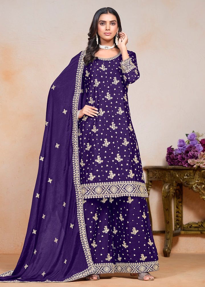 Buy Now Violet Sequins Embroidered Chinnon Festive Palazzo Suit Online in USA, UK, Canada, Germany & Worldwide at Empress Clothing.