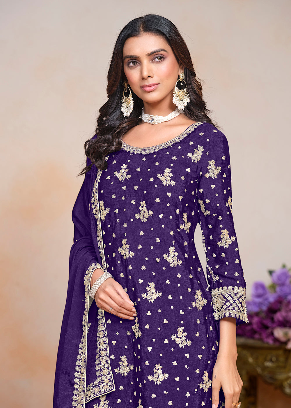 Buy Now Violet Sequins Embroidered Chinnon Festive Palazzo Suit Online in USA, UK, Canada, Germany & Worldwide at Empress Clothing.