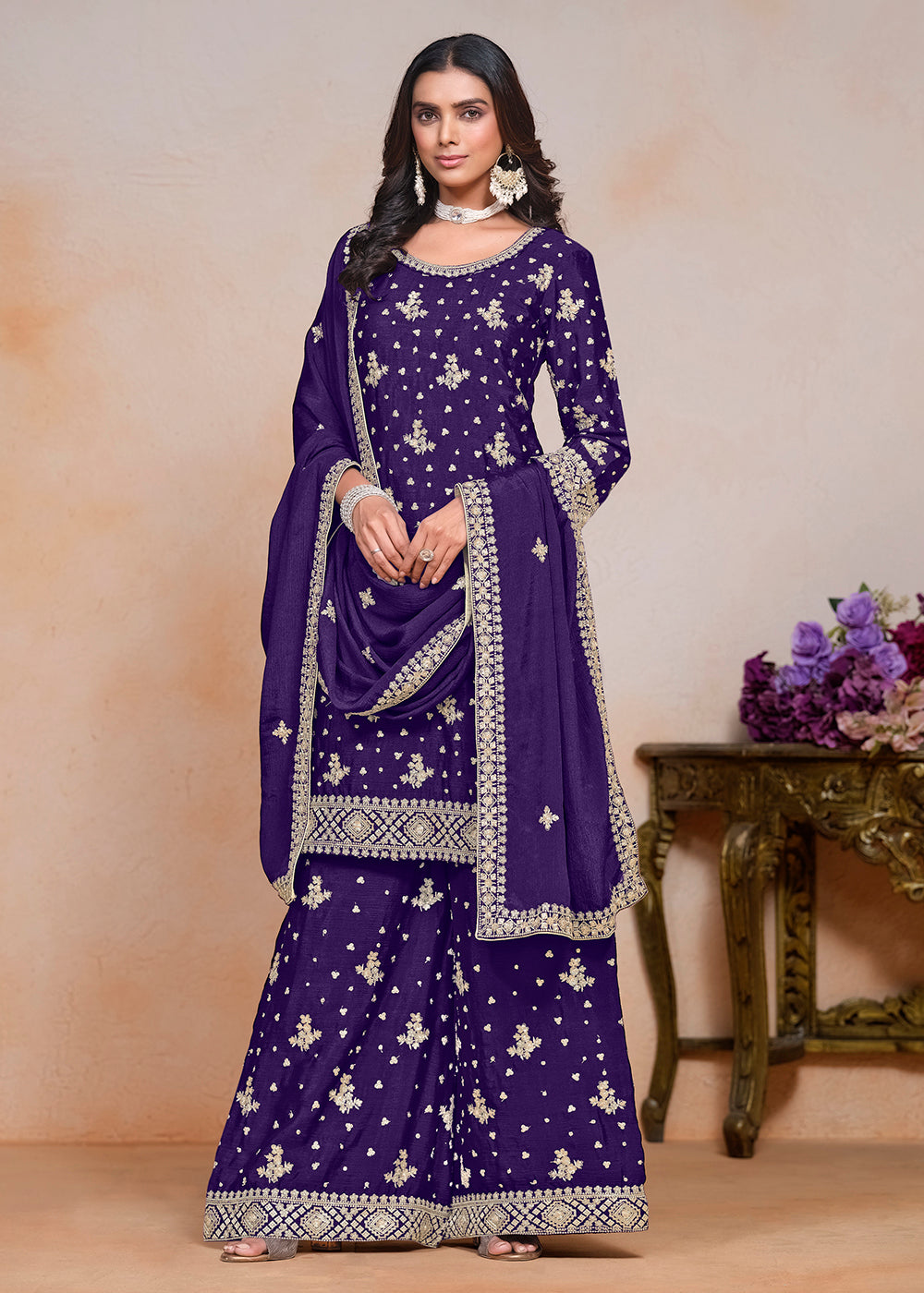 Buy Now Violet Sequins Embroidered Chinnon Festive Palazzo Suit Online in USA, UK, Canada, Germany & Worldwide at Empress Clothing.