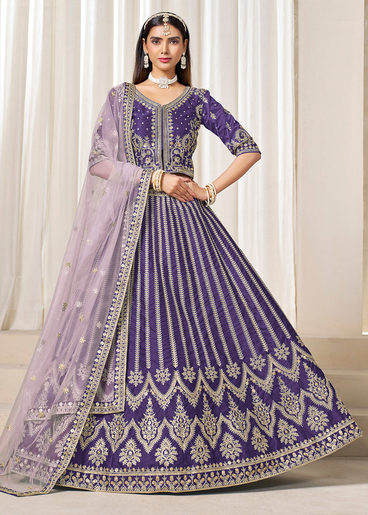 Buy Now Purple Embroidered Art Silk Wedding Lehenga Choli Online in USA, UK, Canada, France, Italy, Germany, Austria, Qatar, UAE & Worldwide at Empress.