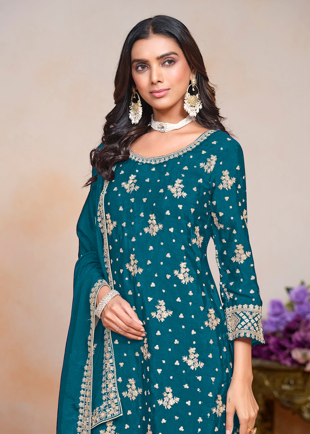 Buy Now Teal Blue Sequins Embroidered Chinnon Festive Palazzo Suit Online in USA, UK, Canada, Germany & Worldwide at Empress Clothing.