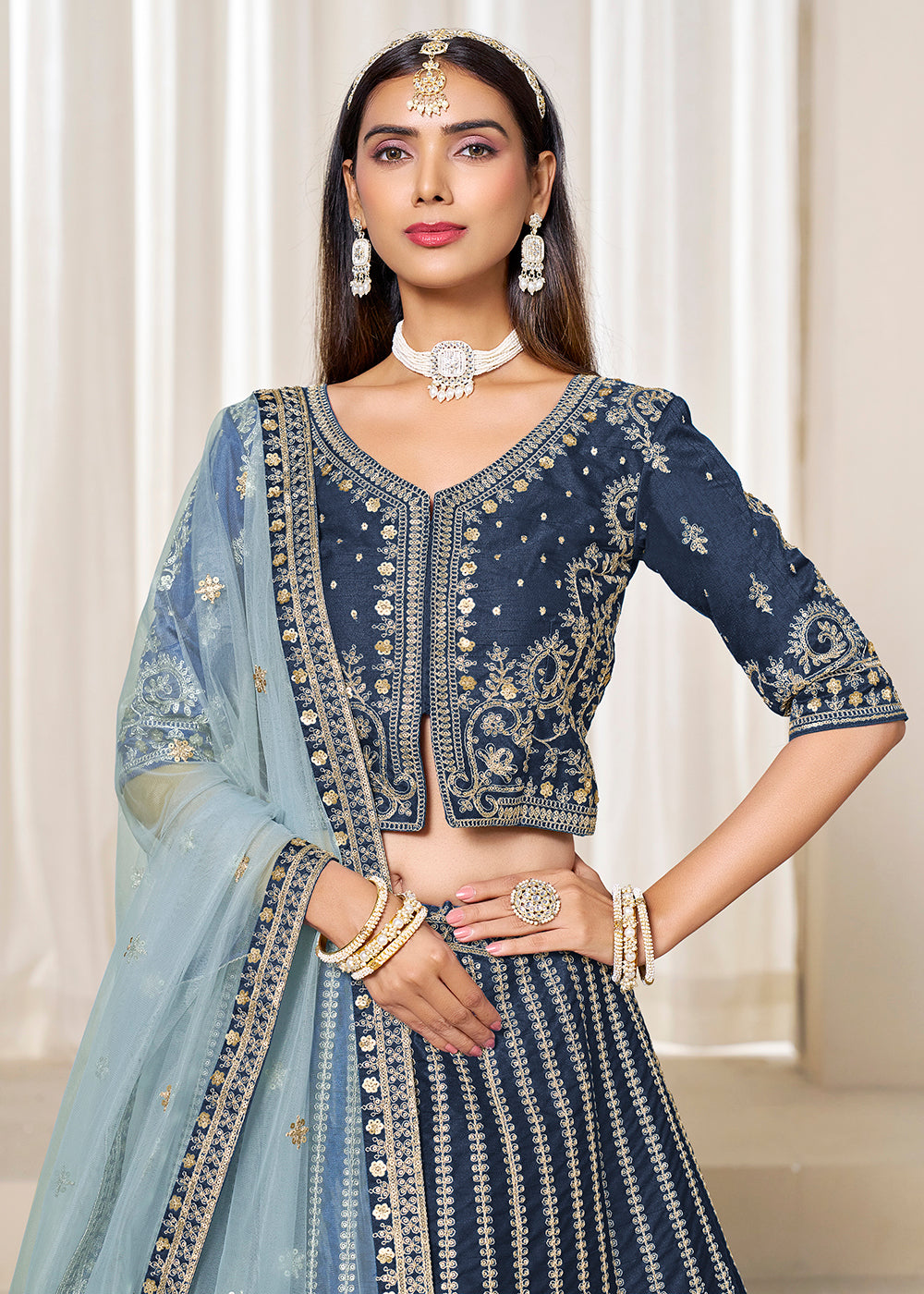 Buy Now Navy Blue Embroidered Art Silk Wedding Lehenga Choli Online in USA, UK, Canada, France, Italy, Germany, Austria, Qatar, UAE & Worldwide at Empress.