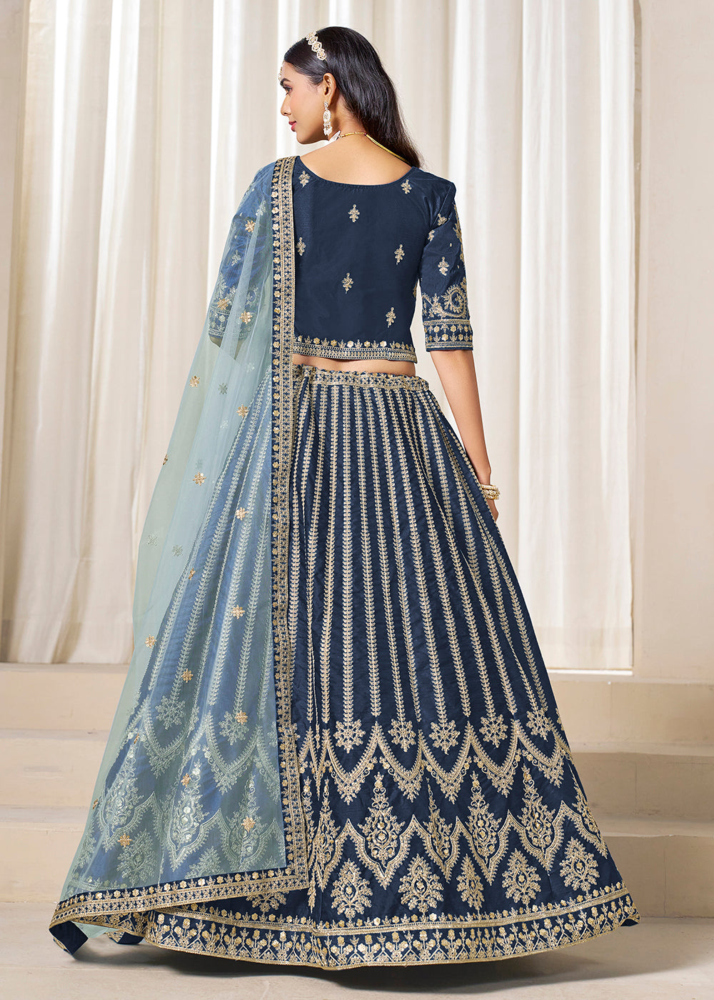 Buy Now Navy Blue Embroidered Art Silk Wedding Lehenga Choli Online in USA, UK, Canada, France, Italy, Germany, Austria, Qatar, UAE & Worldwide at Empress.